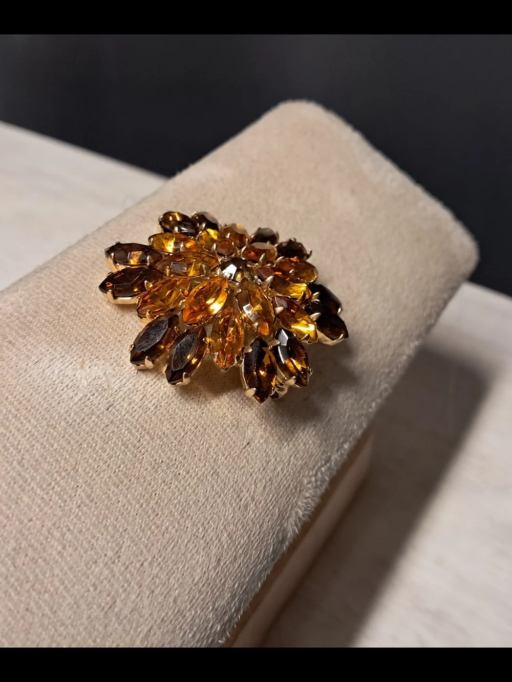 Vintage Gold-Tone Amber Crystal Floral Brooch